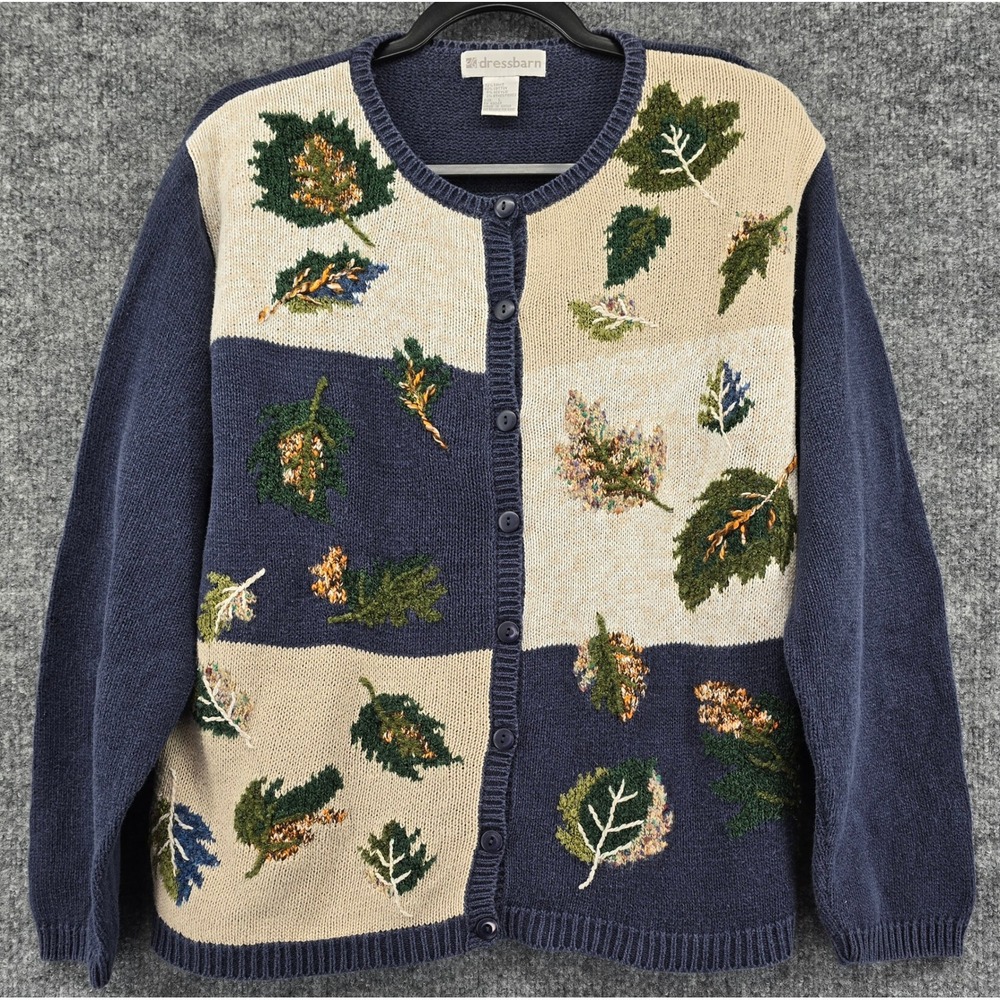 Vtg Dressbarn Cardigan Sweater Womens L Blue Leaves Embroidered Woodland Grandma